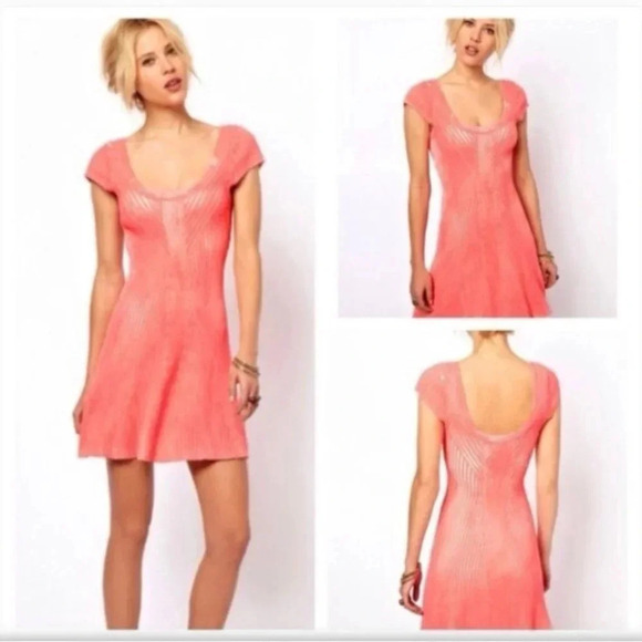 Free People Hot Off The Press Stretch Ribbed Knit Coral Pink Dress Size … - Picture 3 of 8
